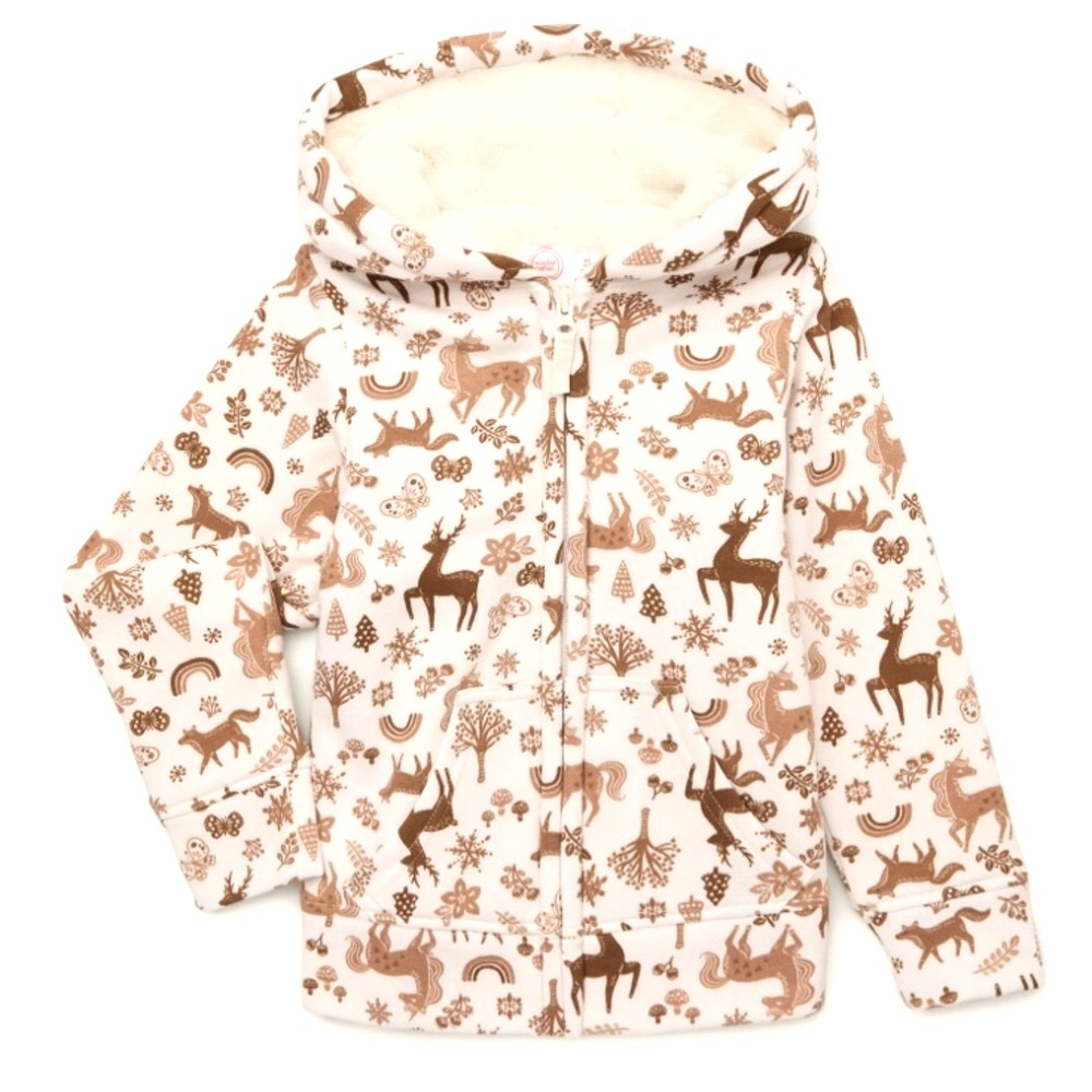 Girls Kid Zip Hoodie Faux Shearling Lining Brown Cream Woodland animal print